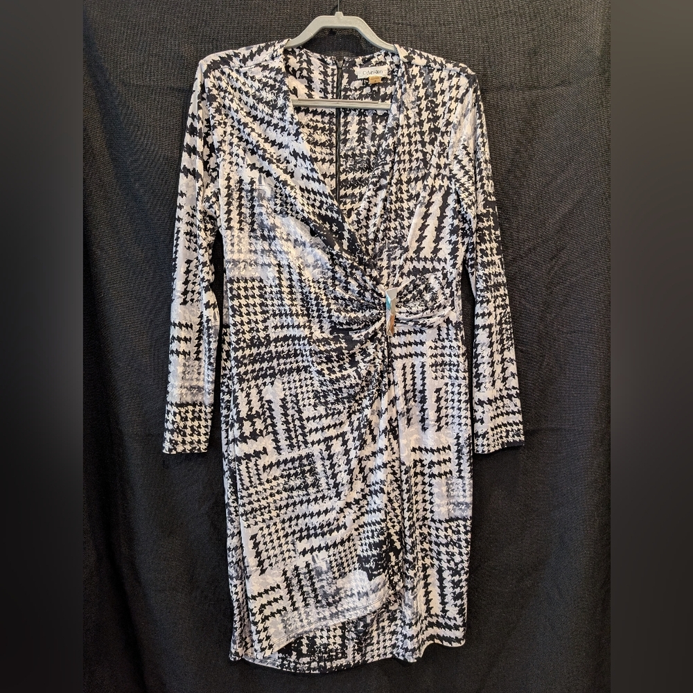 Calvin Klein Black and White Houndstooth Long Sleeve Dress